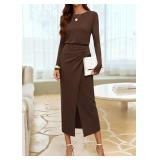 KIRUNDO Womens Cocktail Wedding Guest Maxi Dress Lightweight Long Sleeve Boat Neck Knit Ruched Slit Slimming Dresses(Dark Brown, X-Large)