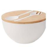 ECOHAGOU 11.3\" Extra Large Salad Serving Bowl Set with Wooden Lid&Utensils, 6.5Qt., Bamboo Fiber Salad Bowl with Servers for Kitchen, Lightweight Big Bowl for Mixing Salad,Fruit,Pasta - Matte White
