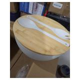 ECOHAGOU 11.3\" Extra Large Salad Serving Bowl Set with Wooden Lid&Utensils, 6.5Qt., Bamboo Fiber Salad Bowl with Servers for Kitchen, Lightweight Big Bowl for Mixing Salad,Fruit,Pasta - Matte White