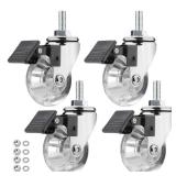 3 Inch Stem Caster Wheels, Threaded Stem Castors - Crystal Clear, 360 Degree Rotation, Soft Polyurethane - M8X25, Brake