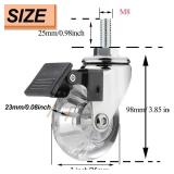3 Inch Stem Caster Wheels, Threaded Stem Castors - Crystal Clear, 360 Degree Rotation, Soft Polyurethane - M8X25, Brake