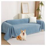 MYSKY HOME Chenille Couch Cover, Sofa Slipcover for 1-2 Cushion Sectional Couch, Machine Washable Soft Furniture Protector with Tassels, Futon Sofa Covers, Throw for Dogs, Kids, 71\" x 102\", Blue