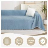 MYSKY HOME Chenille Couch Cover, Sofa Slipcover for 1-2 Cushion Sectional Couch, Machine Washable Soft Furniture Protector with Tassels, Futon Sofa Covers, Throw for Dogs, Kids, 71\" x 102\", Blue