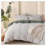 TISPLR Green Comforter Set Queen Size Soft Luxury Washed Microfiber Jacquard 3 Pieces Bedding Set, White Green Vertical Ticking Stripes Pattern Comforter with 2 Pillowcases Breathable Durable Comfy
