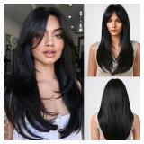 testar Black Wigs For Women Long Straight Black Wigs With Curtain Bangs Synthetic Heat Resistant Layered Wig Natural Looking Wigs For Daily Party Use 24 Inch