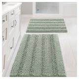 H.VERSAILTEX Sage Bathroom Rugs, Bath Mat Set of 2 Extra Thick Chenille Striped Pattern Shaggy Bath Rugs for Bath Room, Non Skid Bath Mats for Bathroom Floor (32 x 20 Plus 24 x 17 - Inches)