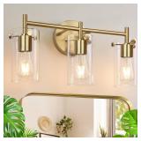 Indoi Bathroom Light Fixtures, 3-Light Brushed Gold Vanity Light, Gold Bathroom Lights Over Mirror with Clear Glass Shade, Wall Sconces for Mirror Bedroom Living Room Hallway
