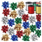 JOYIN Christmas 34 Pcs Bows and Ribbons Set, 4 Rolls of Curling Ribbons with 30 Pcs Bows, Gift Wrapping DIY for Holiday Crafts Decoration