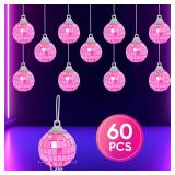 Pink Mini Disco Ball Decor: 60 Pack Hanging Mirror Ball Ornaments 1.2 Inch Disco Balls Decorations Bulk for Party Christmas Tree Cake Room Birthday