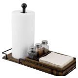 MyGift Paper Towel Holder with Napkin Holder and 3 Spice Shakers, Rustic Burnt Solid Wood and Industrial Matte Black Metal Paper Towel Roll Dispenser, Farmhouse Kitchen Stoage