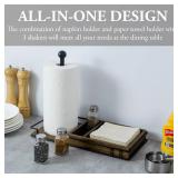 MyGift Paper Towel Holder with Napkin Holder and 3 Spice Shakers, Rustic Burnt Solid Wood and Industrial Matte Black Metal Paper Towel Roll Dispenser, Farmhouse Kitchen Stoage