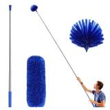 ZZ LAZYCOTTAGE Cobweb Duster with Extension Pole, Washable Cleaning Duster Kit with 2 Duster Heads, Cobweb Duster, Corner Brush, Aluminum Telescoping Pole for Ceiling Fan (Blue)