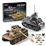 WW2 Army Tank Toys Building Kit Compatible with Lego, Create a German Tiger & an American M4 Sherman Models with 1184 Blocks, Great Military Toy Gifts for Boys, Kids Age 8-14