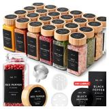 EDELHAUS Square Spice Jars with Bamboo Wooden Lid (Pack of 24) Spice Jars with Shaker Insert and Labels - Bamboo Lid Glass Container for Spice Organisation [4.3 in x 1.8 in]