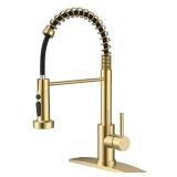 QFN Gold Kitchen Faucet with Pull Down Sprayer, Stainless Steel Commercial Single Handle Classic Spring Kitchen Sink Faucet with Deckplate Fit for 1 or 3 Hole for Farmhouse Rv Laundry Room