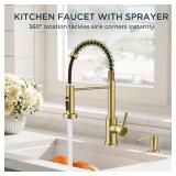 QFN Gold Kitchen Faucet with Pull Down Sprayer, Stainless Steel Commercial Single Handle Classic Spring Kitchen Sink Faucet with Deckplate Fit for 1 or 3 Hole for Farmhouse Rv Laundry Room