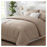 CozyLux Queen Comforter Set Khaki, 7 Pieces Bed in a Bag, Khaki Comforter Queen Size, All Season Bedding Sets with Stitch Quilted Comforter, Flat Sheet, Fitted Sheet, Pillowcases