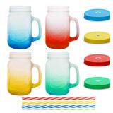 eispap 16 oz Glass Mason Jars with Handles Set Of 4 Colored Frosted and Metal Lids and Hard Plastic Straws Drinking Glasses Cups Mug Set for Iced Coffee, Tea