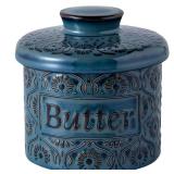 COPORISO Ceramic Butter Crock with Lid, French Butter Dish with Water Line for Countertop, Butter Keeper for Spreadable Butter, Container Holder for Kitchen and Home Decor, 6.7 OZ, Vintage Blue