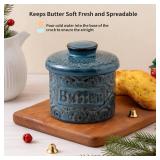 COPORISO Ceramic Butter Crock with Lid, French Butter Dish with Water Line for Countertop, Butter Keeper for Spreadable Butter, Container Holder for Kitchen and Home Decor, 6.7 OZ, Vintage Blue