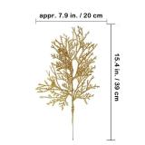 15 Pcs Gold Glitter Artificial Cedar Sprigs Picks Faux Cedar Branches Stems Christmas Tree Picks Sprays 15.4\" H for Gold Christmas Tree Wreath Wedding Bouquet Winter Seasonal Holiday Decoration