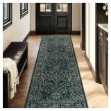 Woaboy Washable 2x6 Runner Area Rug, Hallway Kitchen Bedroom Beside Laundry Room Bathroom Rug Non-Slip Low Pile Stain Resistant Soft Carpet for Vintage Boho Floral Home Decor Dark Green/Navy/Black