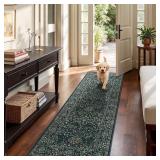 Woaboy Washable 2x6 Runner Area Rug, Hallway Kitchen Bedroom Beside Laundry Room Bathroom Rug Non-Slip Low Pile Stain Resistant Soft Carpet for Vintage Boho Floral Home Decor Dark Green/Navy/Black