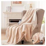 Westinghouse Electric Throw Blanket with Foot Pocket for Adults, Soft Flannel to Sherpa Heated Throw with 6 Heating Levels & 2-10 Hours Time Settings, Fast Heating & Machine Washable, 50x62, Beige