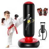 QPAU Kids Punching Bag Toy with Boxing Gloves, 66 Inch Larger Stable Kids Inflatable Boxing Bag Set, Gifts for Boys & Girls Age 6-12, for Practicing Karate, Taekwondo, MMA