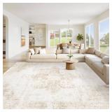 Area Rug 8x10 Washable Rug, Vintage Boho Medallion Rugs Non-Slip Soft Low Pile Large Distressed Rug Indoor Retro Carpet for Living Room Bedroom Dining Room Home Office (Beige, 8