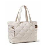 Prite Quilted Tote Bag for Women, Lightweight Puffer Tote with Zipper, Travel Work Nurse Gym Bag(Beige)