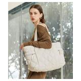 Prite Quilted Tote Bag for Women, Lightweight Puffer Tote with Zipper, Travel Work Nurse Gym Bag(Beige)