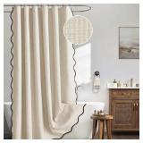 MIULEE 90\" Long Scalloped Shower Curtain Linen Textured with 12 Metal Hooks Cute Extra Long Heavy Duty Washable Waterproof Cloth Shower Curtains with Black Border for Bathroom Hotel Bathtub,Beige