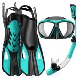 Mask Fin Snorkel Set, Travel Size Snorkeling Gear for Adults with Panoramic View Anti-Fog Mask, Fins, Dry Top Snorkel for Swimming Training, Snorkeling Kit Diving Packages (Green, S/M)