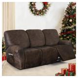 ANARACHON Leather Look Recliner Couch Cover, 8-Pieces Stretch Recliner Sofa Covers, Soft Reclining Slipcover, Washable Furniture Protector for Pets (3 Seater, Brown)