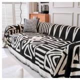 MERRYLIFE Chenille Boho Sofa Slipcover with Tassel Non-Slip Bohemian Soft Washable Loveseat Couch Cover Pet Furniture Protector (Black Boho, 71" *134")