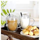 LIBWYS 6 Pack Double Walled Coffee Cups Glasses Mugs, 12oz Espresso Cappuccino Latte Tea Cups with Handle, Heat Resistant Borosilicate Clear Glasses 350ml