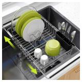 JASIWAY Dish Drying Rack in Sink, Expandable Stainless Steel Dish Drainer for Kitchen Sink, Dish Strainer Rack, Retractable Over Sink Dish Rack with Utensil Holder, 13.4