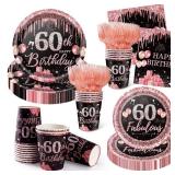 350PCS 60th Birthday Party Decorations for 50 Guests Black and Rose Gold Party Supplies for Women Include Disposable Paper Plates, Napkins, Cups, and Disposable Plastic Cutlery (60)