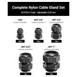 VCELINK Cable Gland Kit Nylon Waterproof, 50 Pcs IP68 PG7/NPT1/4\", 1/2\", 3/4\", 1\" Wire Entry, IP68 Cord Grip, PA66 Strain Relief Wire Grommets, Black