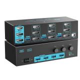 8K/4K KVM Switch 3 Monitors 3 Computers Triple Monitor 3 Port 2 Displayport 1.4 and HDMI 2.1 USB 3.0 KVM Switches, DP 1.4 Supports 8K@30Hz/4K@144Hz, HDMI Supports 8K@60Hz /4K@120Hz with Wired Remote