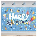 6X3.6 Ft Happy Birthday Backdrop Blue Background Wall Decor for Kids Boys Girls Cartoon Dog Theme Party Decorations
