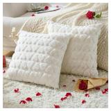 Volcanics Valentines Pillow Covers 20x20 Set of 2, Cream White Heart Plush Faux Fur Jacquard Throw Pillow Covers, Decorative Pillowcases for Bedroom Sofa Home Decor