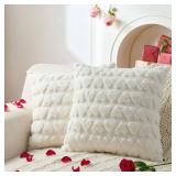 Volcanics Valentines Pillow Covers 20x20 Set of 2, Cream White Heart Plush Faux Fur Jacquard Throw Pillow Covers, Decorative Pillowcases for Bedroom Sofa Home Decor