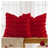 Volcanics Valentines Pillow Covers 20x20 Set of 2, Red Heart Plush Faux Fur Jacquard Throw Pillow Covers, Decorative Pillowcases for Bedroom Sofa Home Decor
