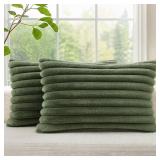 decorUhome Cozy Faux Fur Throw Pillow Covers 12x20 Set of 2 Decorative Soft Plush Striped Lumbar Modern Farmhouse Boho Couch Pillow Cases with Velvet Back for Sofa Bed Living Room, Olive Green