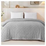 Whale Flotilla Fuzzy Fleece Twin Size Blanket for Bed, Soft Fluffy Jacquard Waffle Blankets for All Season, Lightweight and Warm, 60x80 Inch, Light Grey