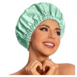 Reusable Shower Cap for Women, Large Waterproof Shower Essentials Bonnet Washable Elastic Band Bath Hair Wrap Hat for Long Hair, Braids(Green Bean)