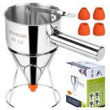 WIHBOIR Stainless Steel Pancake Batter Dispenser with Squeeze Handle and Multi-Nozzle, for Pancakes, Cupcakes, and Baked Goods. 40 oz