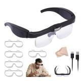 Professional Magnifying Glasses Headset with 5 Detachable Lenses 0.75X-4.0X & 3 LED Lights, Rechargeable Hands-Free Headband Magnifier for Close Work, Jewelry Crafts Hobby
